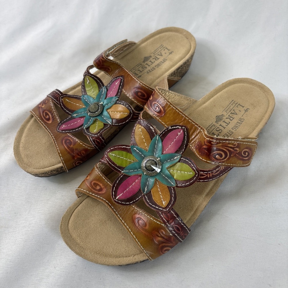 L'Artiste Spring Step Thrill Leather Flower Slide Sandals Colorful Boho 6.5/7 37